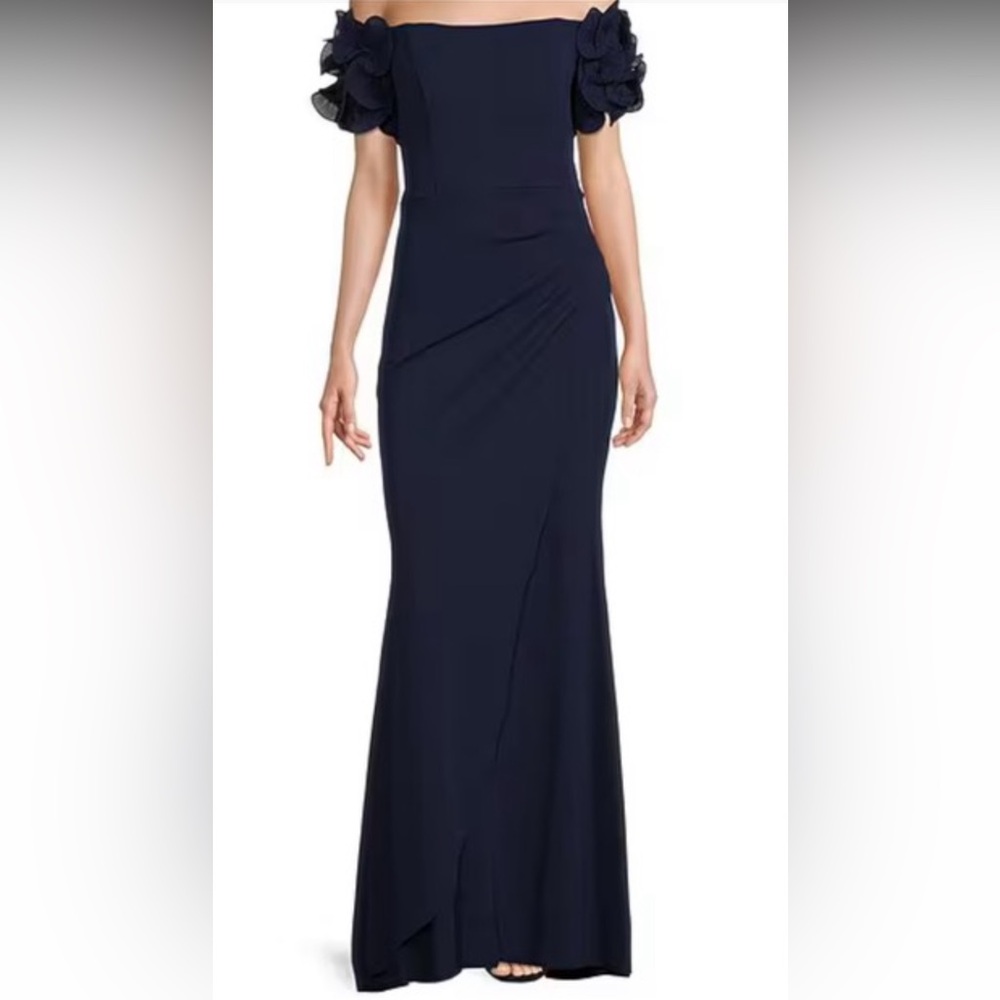 Navy blue off the shoulder gown